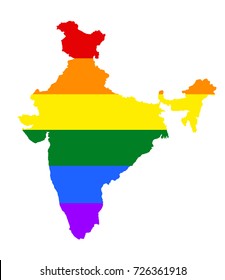 India pride gay map vector illustration with rainbow flag colors. Gay flag over India union map. Rainbow flag. LGBT community rights in India.