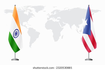 India and Puerto Rico flags for official meeting against background of world map.