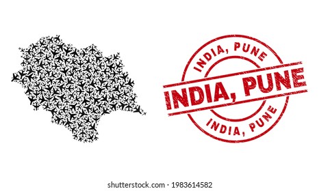 India, Pune grunge seal stamp, and Himachal Pradesh State map collage of aircraft items. Collage Himachal Pradesh State map constructed with aviation items. Red stamp with India, Pune text,