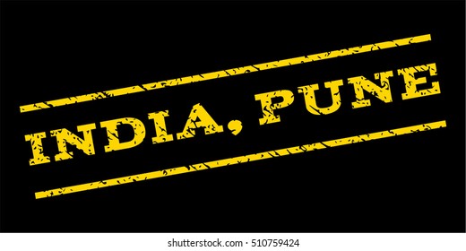 India Pune watermark stamp. Text caption between parallel lines with grunge design style. Rubber seal stamp with unclean texture. Vector yellow color ink imprint on a blue background.