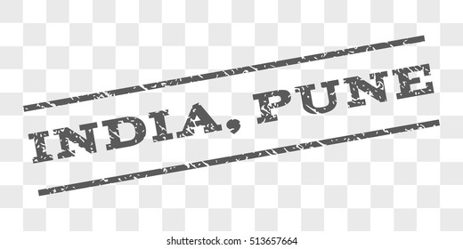 India, Pune watermark stamp. Text tag between parallel lines with grunge design style. Rubber seal stamp with dust texture. Vector grey color ink imprint on a chess transparent background.