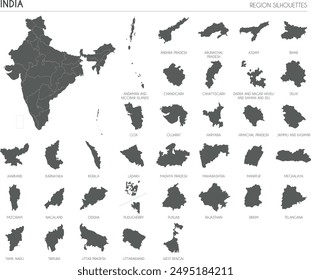 India region silhouettes set and blank map of the country isolated on white background. Vector illustration design