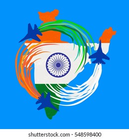 India republic celebration. National holiday air parade poster element. Independence day concept. Indian tricolor flag. Traditional blue Ashoka Chakra emblem. Vector patriotic event banner background