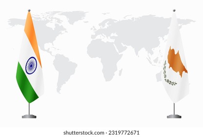 Banderas de la India y la República de Chipre para una reunión oficial en el contexto del mapa mundial.