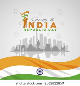 India Republic Day 2025 Greeting Design with India Skyline and Waving Flag Illustration. Hindi text Translation : India Republic Day. India Background with Beautiful Landmarks. Vector Illustration 