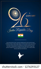 India republic day 26 January design poster. Vector Illustration. National celebrating banner. Indian wheel symbol and gold text with color flag.