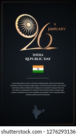 India republic day 26 January vertical design. Vector Illustration. National celebrating poster. Indian wheel symbol and gold text with color flag and map.