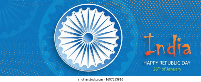 India Republic Day, 26 January text in saffron and green paper cut and craft characters  with india elements and blue Ashok Wheel on color background