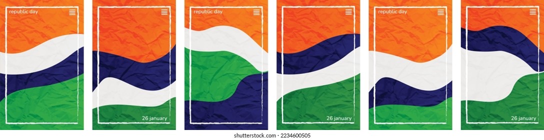 India Republic Day. 26 January Flag theme hues crushed paper vertical Background template frame. Set of 6 color collections. User interface backdrop Crush texture, pattern. Online app visual concept