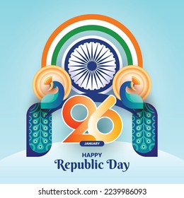 India Republic Day background or artwork with peacock and indian flag and ashoka chakra for social media post banner