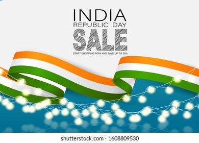 India Republic Day Background. National Indian holiday design concept with white, orange, and green flag color ribbon and garland lights. Vector illustration.