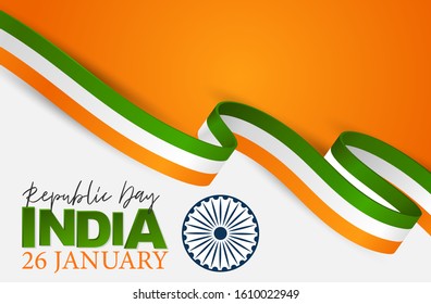 India Republic Day Background. National Indian holiday design concept with white, orange, and green flag color ribbon. Vector illustration.