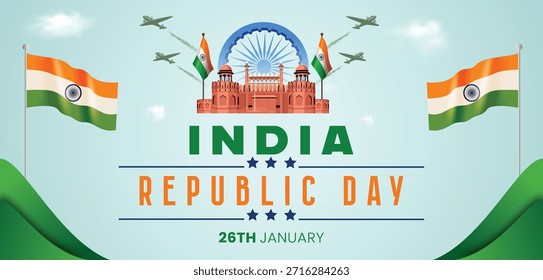 Dia da República da Índia Fundo com Forte Vermelho, Bandeiras Indianas e Jatos de Caça - Celebração de 26 de janeiro