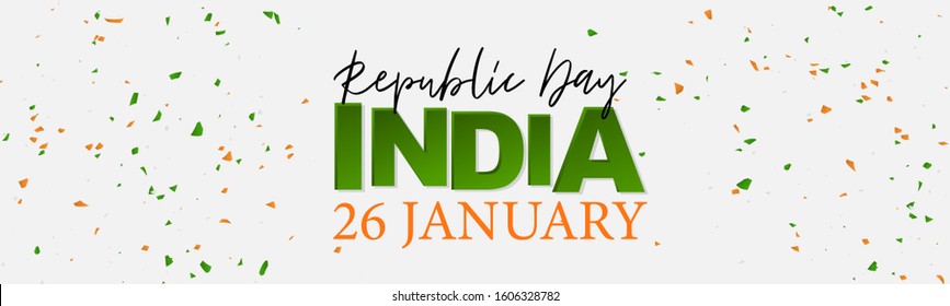 India Republic Day background. Website header or banner template. National Indian holiday design concept with orange and green confetti and golden lettering. Vector illustration.