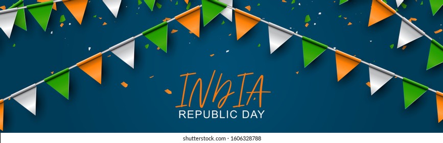 India Republic Day background. Website header or banner template. National Indian holiday design concept with oranbe, green, and white bunting, confetti, and ringlets. Vector illustration.