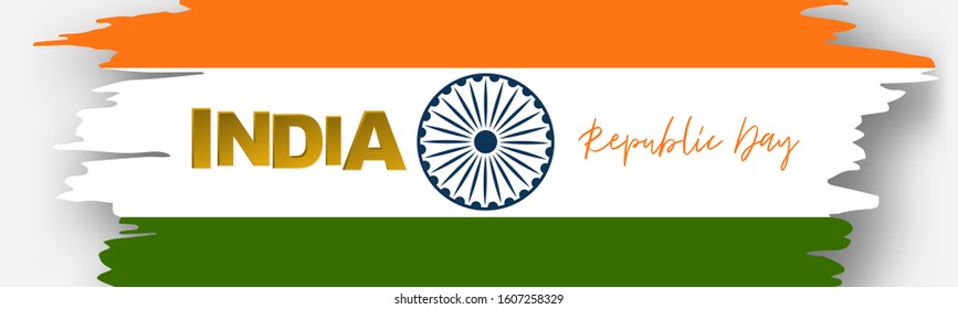 India Republic Day background. Website header or banner template. National Indian holiday design concept with grunge torn edges flag and golden lettering. Vector illustration.