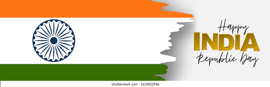 India Republic Day background. Website header or banner template. National Indian holiday design concept with grunge torn edges flag and golden lettering. Vector illustration.