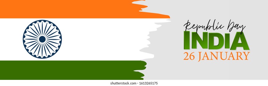 India Republic Day background. Website header or banner template. National Indian holiday design concept with grunge torn edges flag and golden lettering. Vector illustration.