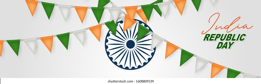 India Republic Day banner or header. National Indian holiday design concept with white, orange, and green flag colors bunting. Vector illustration.