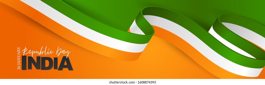 India Republic Day banner or header. National Indian holiday design concept with white, orange, and green flag ribbon. Vector illustration.