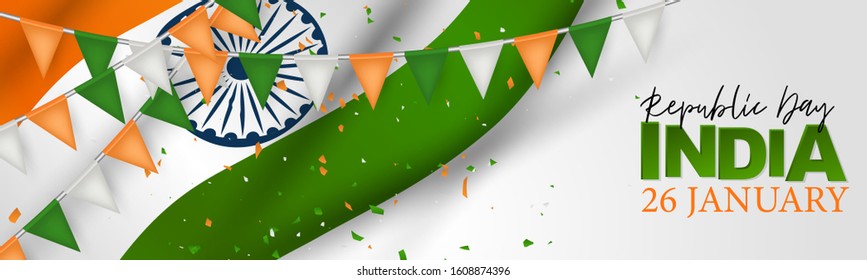 India Republic Day banner or header. National Indian holiday design concept with white, orange, and green flag colors bunting. Vector illustration.