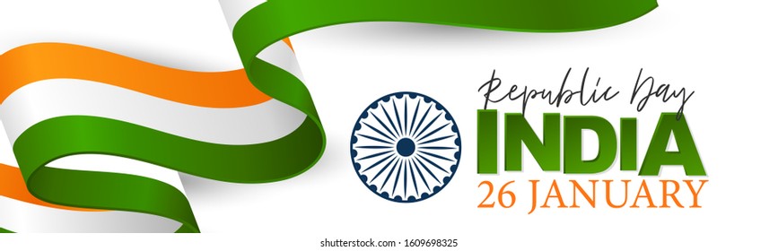 India Republic Day banner or header. National Indian holiday design concept with white, orange, and green flag ribbon. Vector illustration.