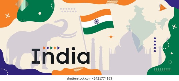 India Republic Day banner with Indian flag and country map, Taj Mahal palace and elephant silhouettes. Abstract geometric holiday design with orange, green and blue shapes and memphis style elements