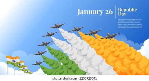 Banner del Día de la República de India con humo de avión molestando el color de la bandera de la India en el cielo azul