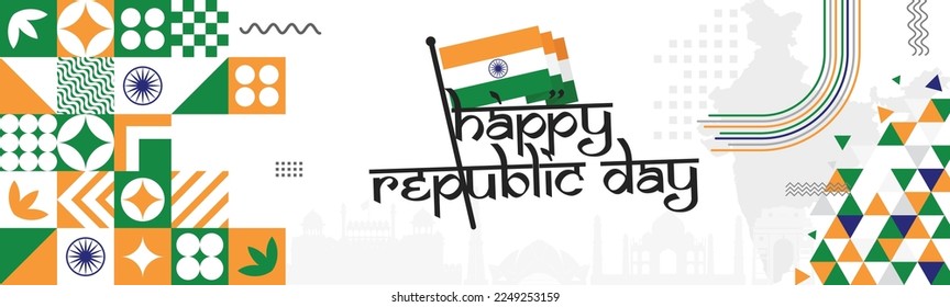 India Republic day banner with map, flag Tri colors theme background and geometric abstract retro modern orange white green design. Vector Illustration with modern look.