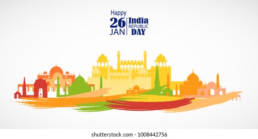 India Republic Day celebration. 26 january. With Buntings, Flags Colors and Confetti. Vector Illustration