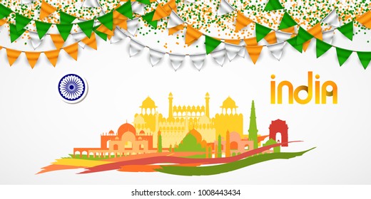 India Republic Day celebration. 26 january. With Buntings, Flags Colors and Confetti. Vector Illustration