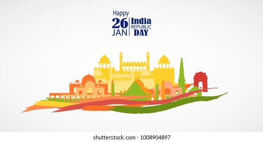 India Republic Day celebration. 26 january. With Buntings, Flags Colors and Confetti. Vector Illustration