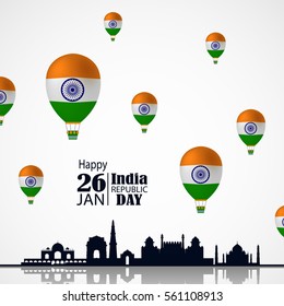 India Republic Day celebration. 26 january. With Air Ballon and Skyline. Vector Illustration