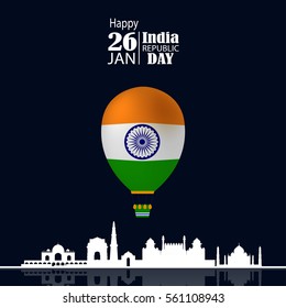 India Republic Day celebration. 26 january. With Air Ballon and Skyline. Vector Illustration