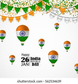 India Republic Day celebration. 26 january. With Air Balloons, Buntungs, Flags Colors and Confetti. Vector Illustration