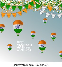 India Republic Day celebration. 26 january. With Air Balloons and Buntings, Confetti. Vector Illustration