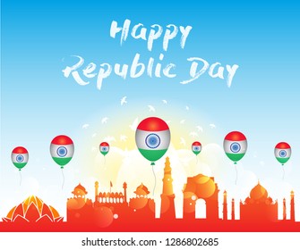 India republic day celebration background idea poster. 26 January. India independence day celebration. 15 August. With tricolor flags, monuments, balloon, birds and confetti. Vector Illustration