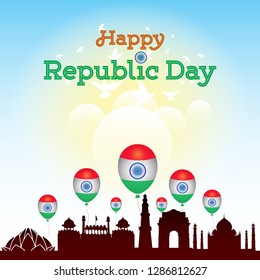India republic day celebration background idea poster. 26 January. India independence day celebration. 15 August. With tricolor flags, monuments, balloon, birds and confetti. Vector Illustration