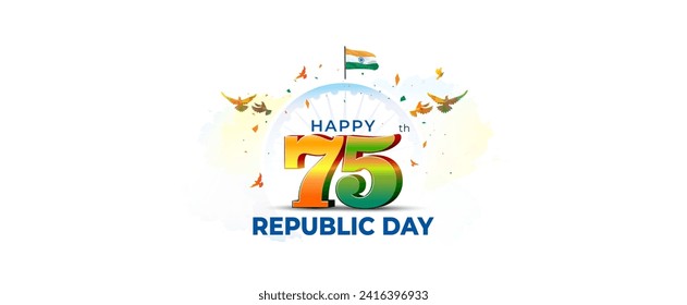 India Republic Day celebration background. Happy 75th Republic day 3d text with Indian Tricolor flag.