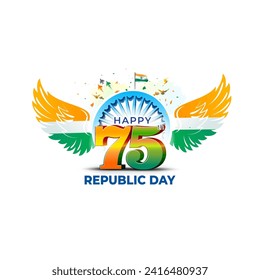 India Republic day Celebration creative concept design. Happy 75th Republic day 3d text with Indian Tricolor wings. Vector file.