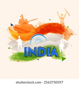 India Republic Day Celebration Poster with Silhouette Soldiers on Indian Flag Brush Stroke Effect Background.