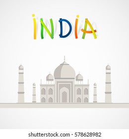 India Republic Day celebration.Vector Illustration with Taj-Mahal, National Flag Colors Lettering India