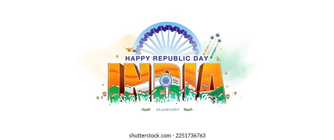 Das Tageskreativkonzept der Republik Indien. Happy Republic Day Indien 3D-Text. Army Parade und Patriotischer Hintergrund mit Tricolor Fahne. Vektorgrafik.