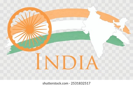 Dia da República da Índia, bandeira, design gráfico vetorial. Vetor, inscrição Índia, mapa do continente, Ashoka chakra em um fundo transparente
