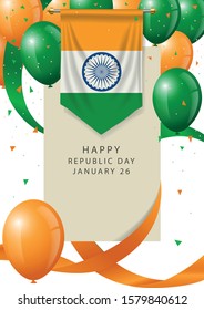 India Republic day greeting card.  India insignia with decorative balloons and ribbons