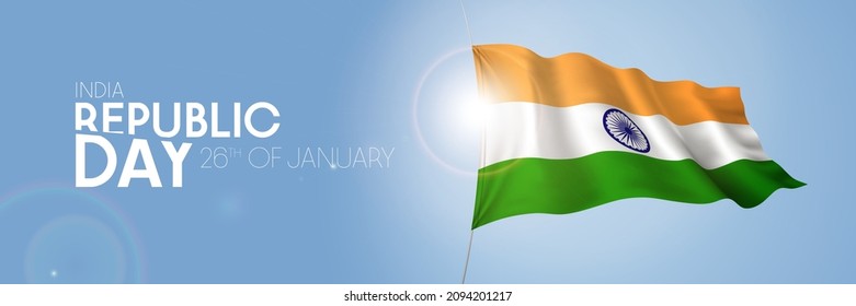 India republic day greeting card, banner with template text vector illustration. Indian memorial holiday 26th of January design element with 3D flag with stripes