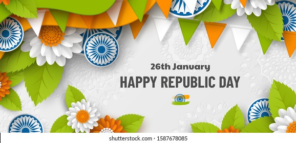 India Republic Day Holiday Banner. 3d Wheels, Flowers In Traditional Tricolor Of Indian Flag. Paper Cut Layered Art. Vector Illustration.