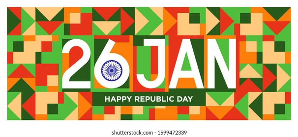 India republic day horizontal banner on abstract background in ndia flag color. 26 JAN typography in modern style on geometric background with saffron, white and green color. Eps10.