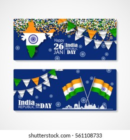 India Republic Day. Illustration of set of banners with Flags, Confetti, Map