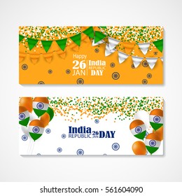 India Republic Day. Illustration of set of banners with Flags, Confetti, Map